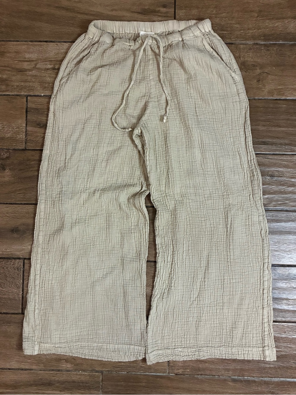 Honest Cotton Gauze Wide Leg Drawstring Pants in Oatmeal